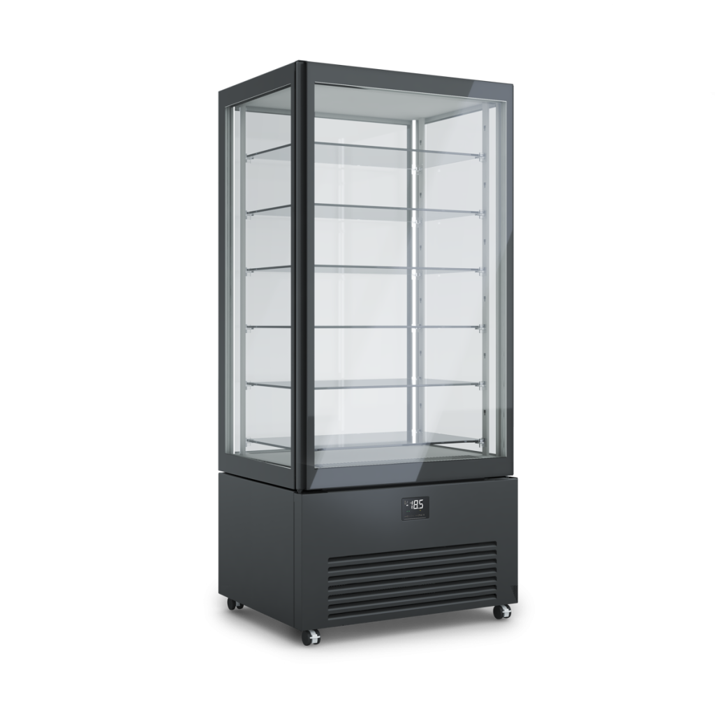 Armadio refrigerato verticale K2 per esposizione negativa e positiva, design elegante, illuminazione interna, ripiani regolabili. Dimensioni 900x700x1980h RAL9005 NERO