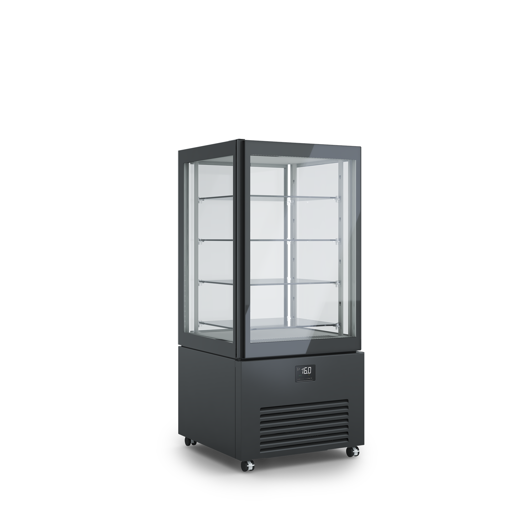 Armadio refrigerato verticale K2 per esposizione prodotti freschi, design elegante, illuminazione interna, ripiani regolabili. Dimensioni 700x700x1550h RAL9005 NERO