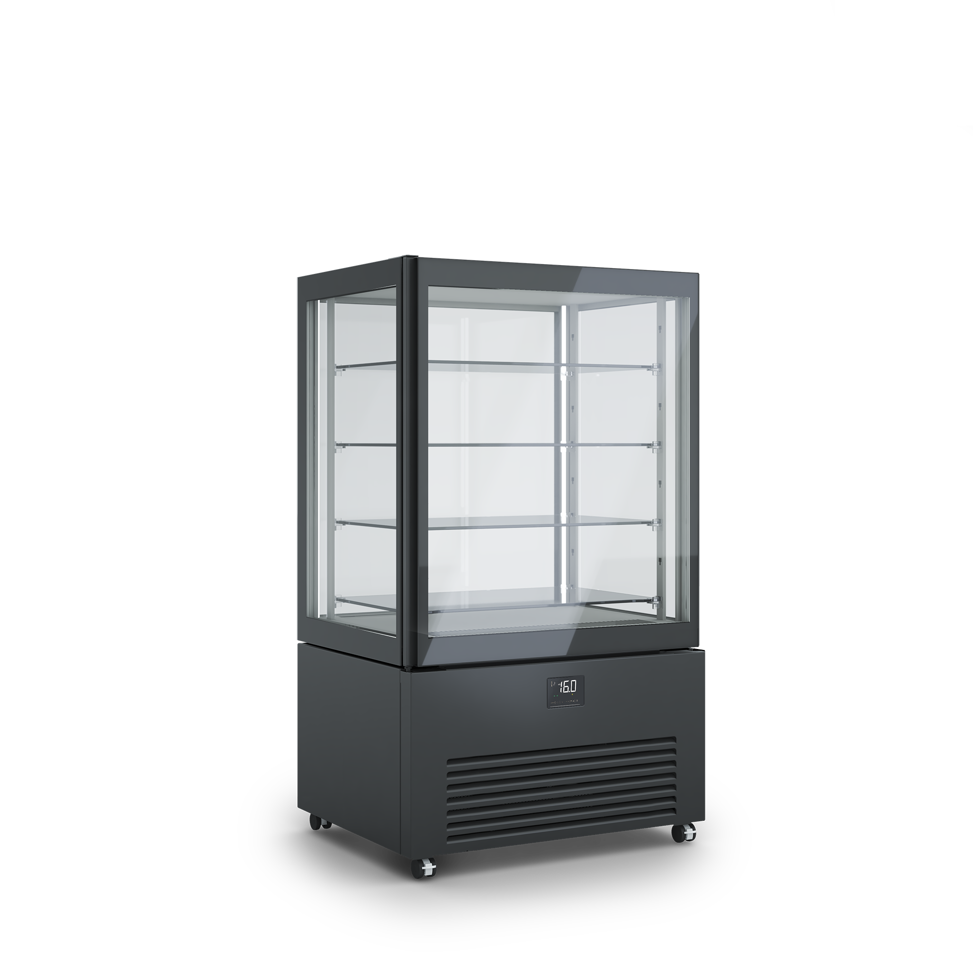 Armadio refrigerato verticale K2 per esposizione prodotti freschi, design elegante, illuminazione interna, ripiani regolabili. Dimensioni 900x700x1550h RAL9005 NERO