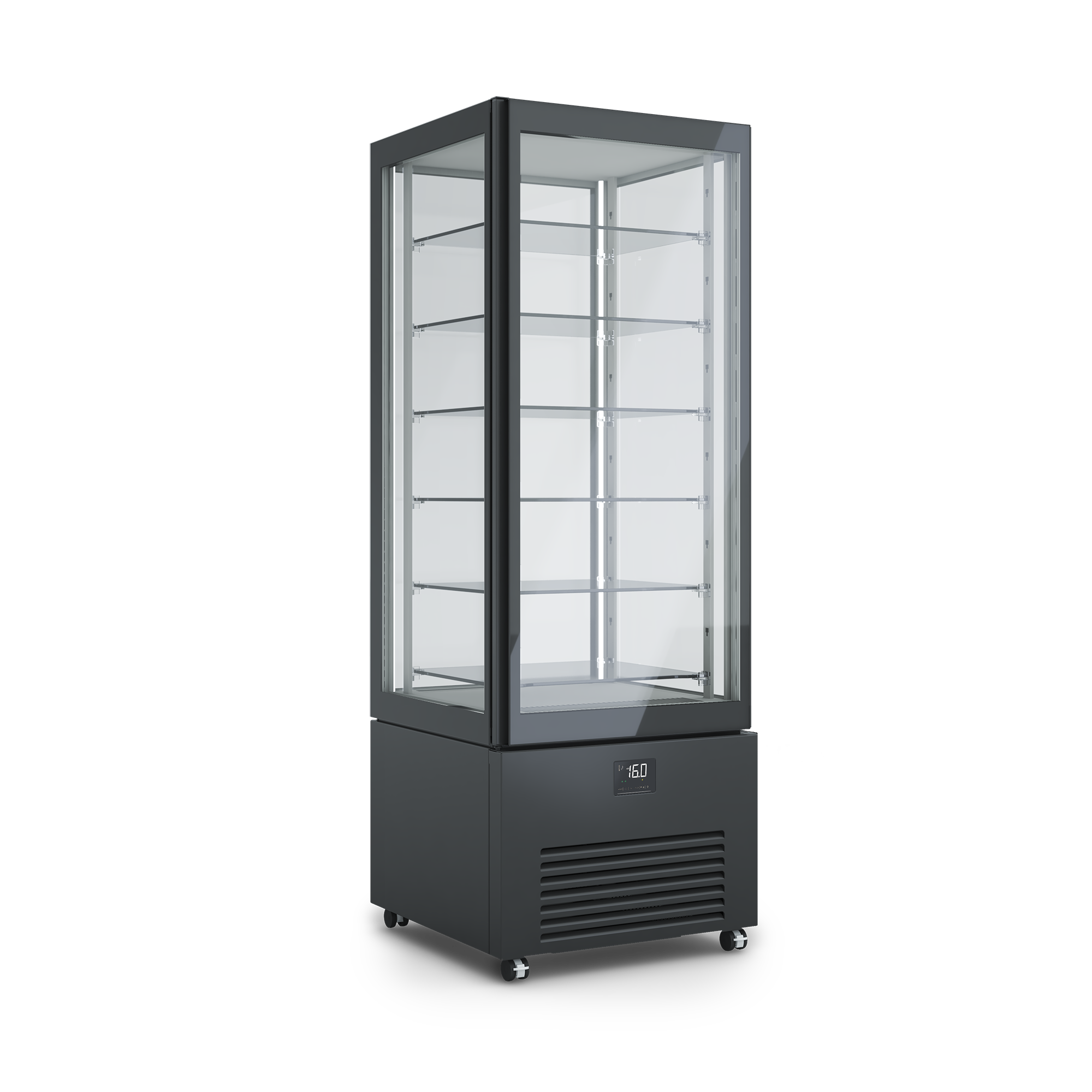 Armadio refrigerato verticale K2 per esposizione prodotti freschi, design elegante, illuminazione interna, ripiani regolabili. Dimensioni 700x700x1980h RAL9005 NERO