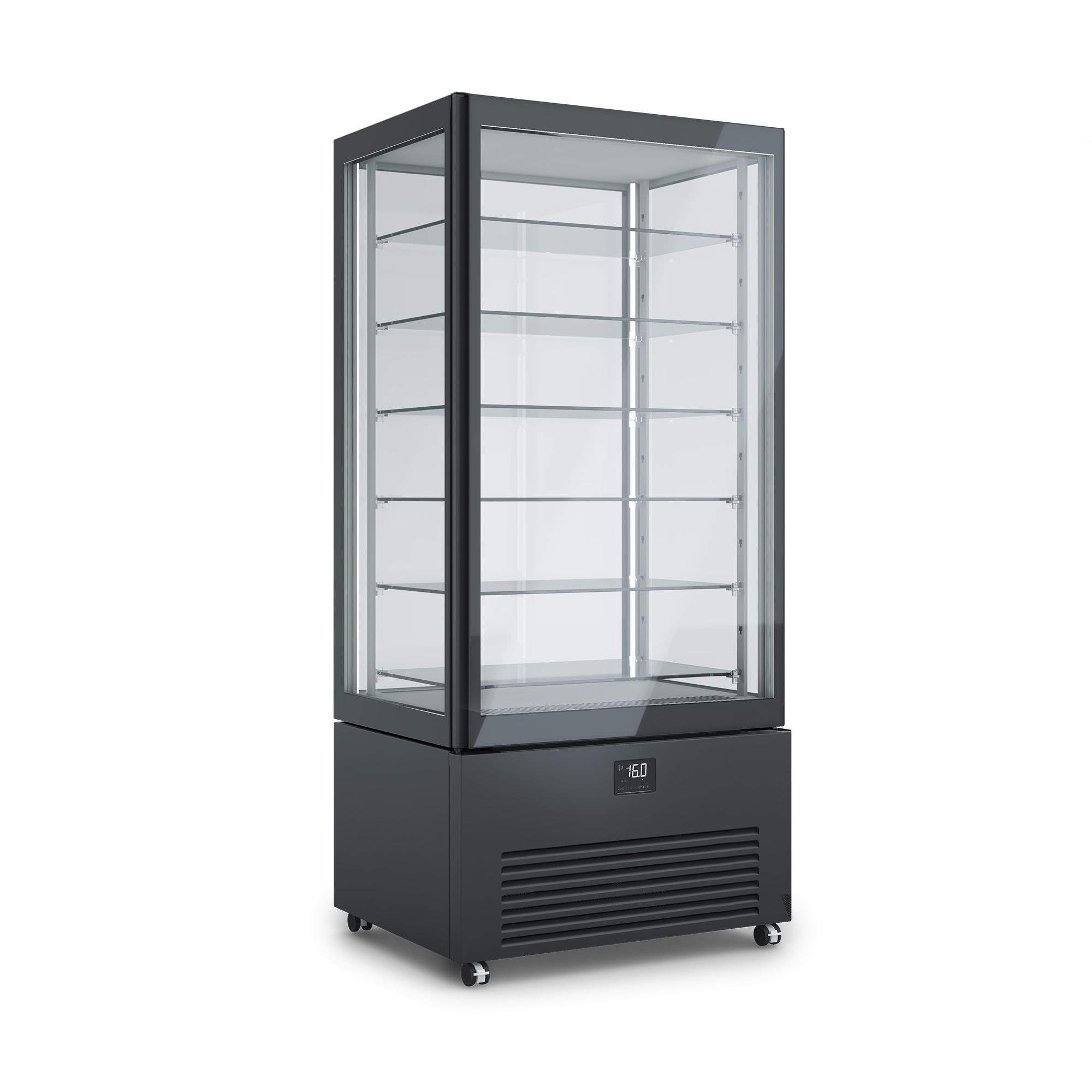 Armadio refrigerato verticale K2 per esposizione prodotti freschi, design elegante, illuminazione interna, ripiani regolabili. Dimensioni 900x700x1980h RAL9005 NERO