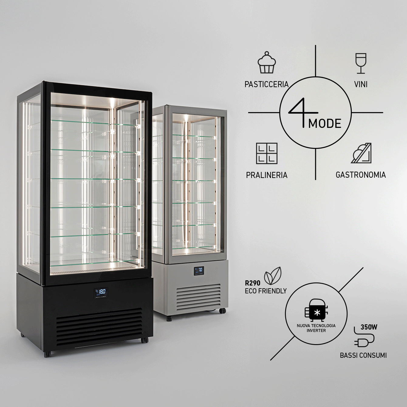 Due verticali refrigerati K2 con grafiche di spiegazione della tecnologia 4MODE e Compressore a inverter