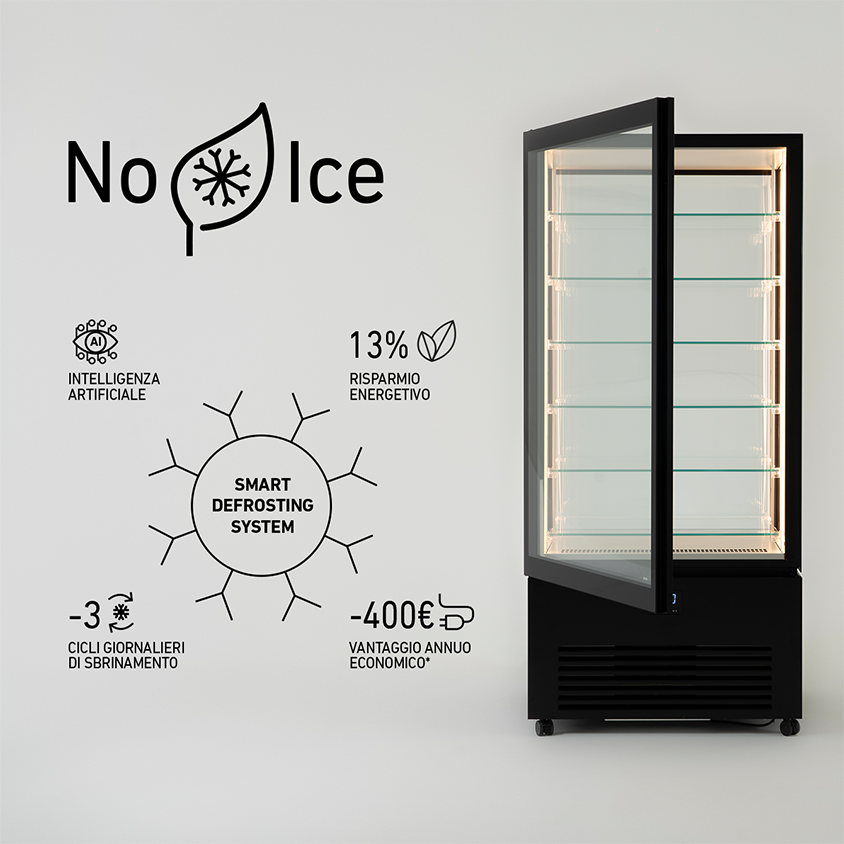 Due verticali refrigerati K2 con grafiche di spiegazione della tecnologia No-Ice